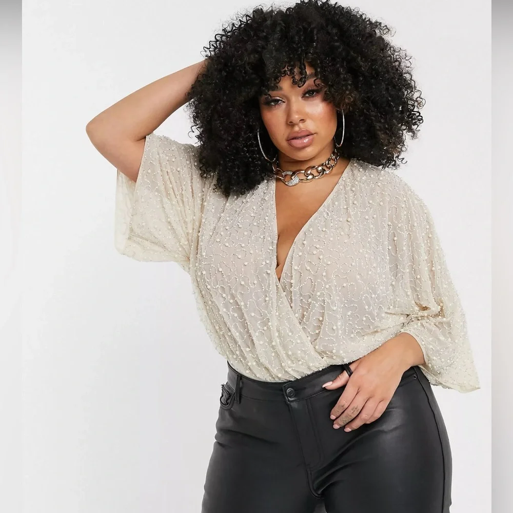 ASOS Pearl Embellished Angel Wrap Bodysuit Size US 18 - Picture 3 of 4